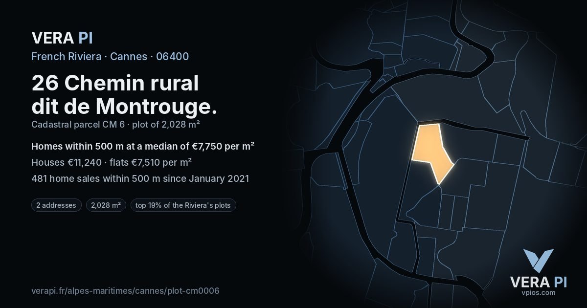 26 Chemin rural dit de Montrouge, Cannes at night – the plot lit, the parcels around coloured by the prices near them