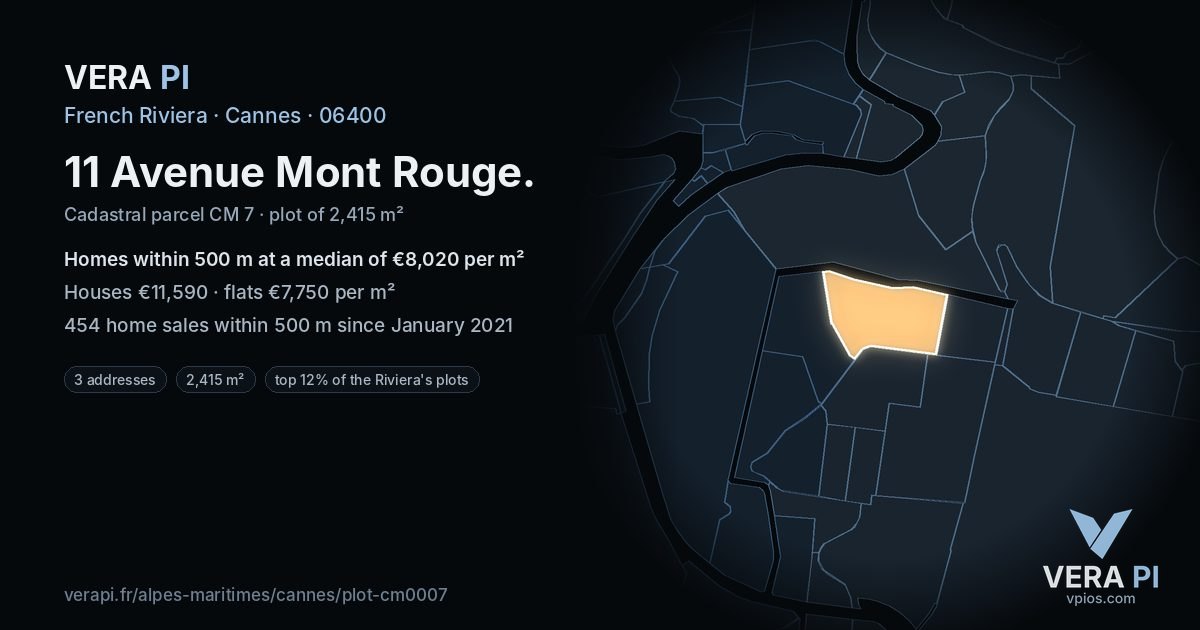 11 Avenue Mont Rouge, Cannes at night – the plot lit, the parcels around coloured by the prices near them