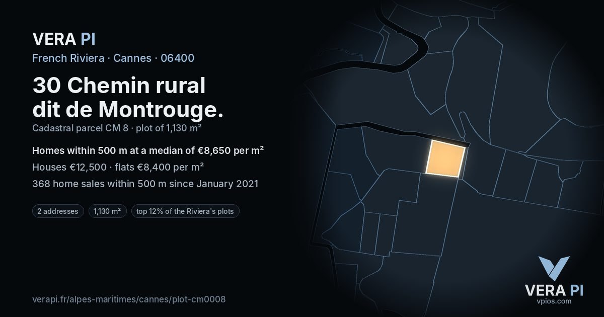30 Chemin rural dit de Montrouge, Cannes at night – the plot lit, the parcels around coloured by the prices near them