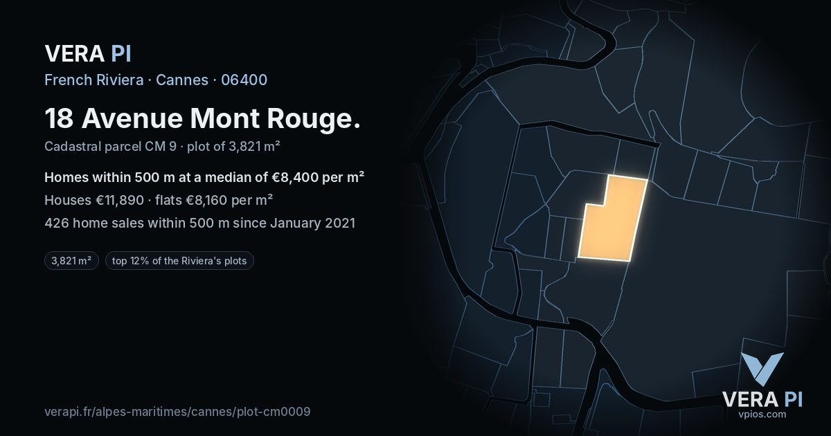 18 Avenue Mont Rouge, Cannes at night – the plot lit, the parcels around coloured by the prices near them