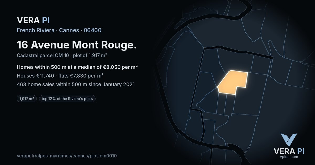 16 Avenue Mont Rouge, Cannes at night – the plot lit, the parcels around coloured by the prices near them