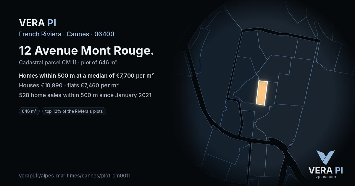 12 Avenue Mont Rouge, Cannes at night – the plot lit, the parcels around coloured by the prices near them