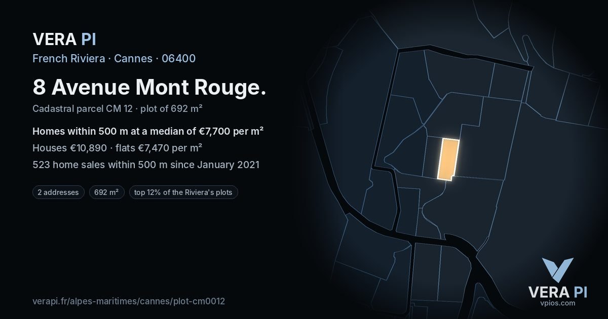 8 Avenue Mont Rouge, Cannes at night – the plot lit, the parcels around coloured by the prices near them