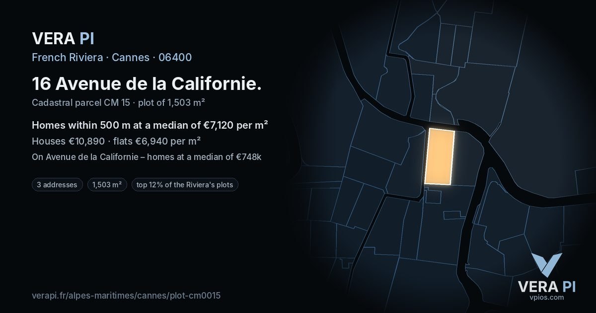 16 Avenue de la Californie, Cannes at night – the plot lit, the parcels around coloured by the prices near them
