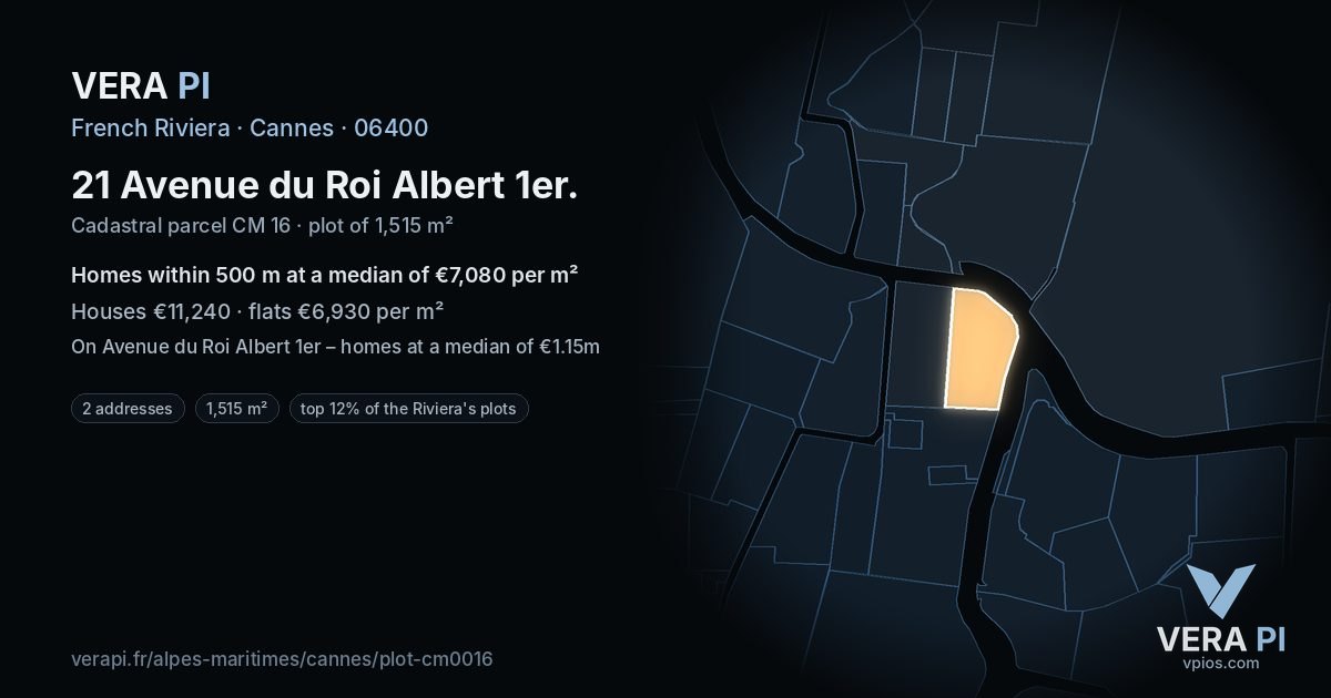 21 Avenue du Roi Albert 1er, Cannes at night – the plot lit, the parcels around coloured by the prices near them