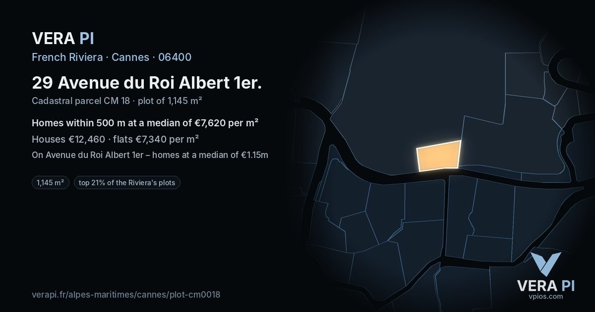 29 Avenue du Roi Albert 1er, Cannes at night – the plot lit, the parcels around coloured by the prices near them