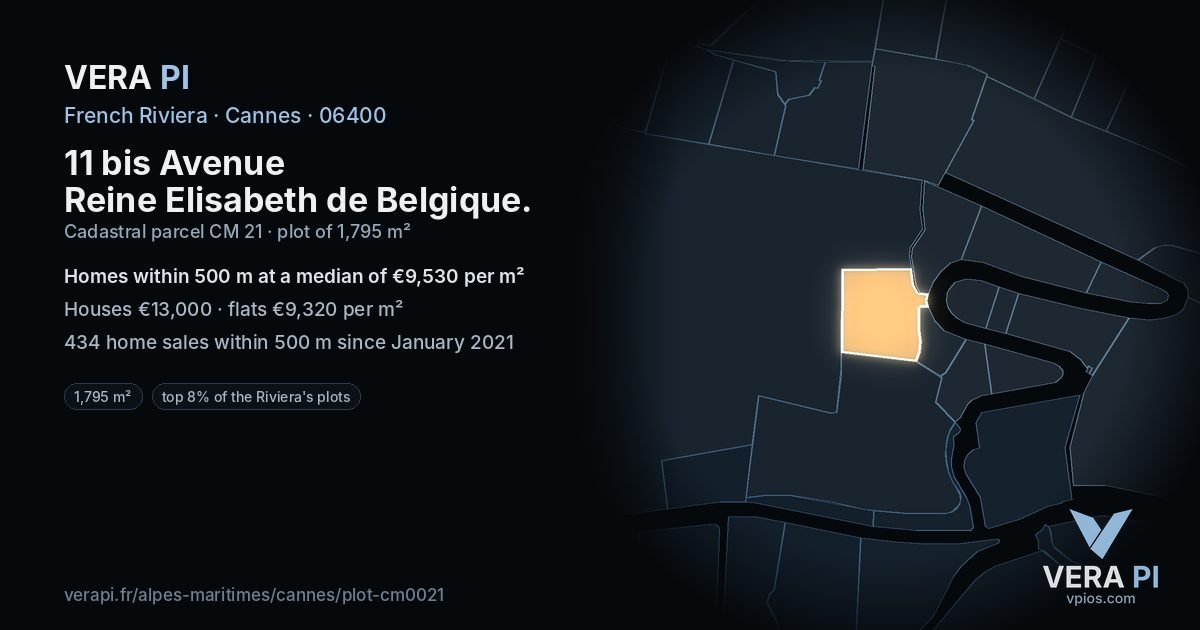 11 bis Avenue Reine Elisabeth de Belgique, Cannes at night – the plot lit, the parcels around coloured by the prices near them