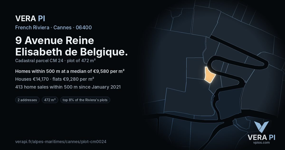 9 Avenue Reine Elisabeth de Belgique, Cannes at night – the plot lit, the parcels around coloured by the prices near them