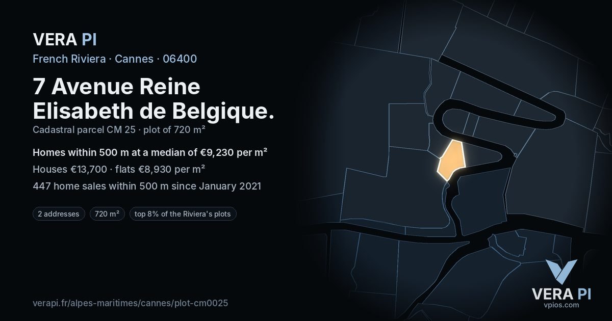 7 Avenue Reine Elisabeth de Belgique, Cannes at night – the plot lit, the parcels around coloured by the prices near them