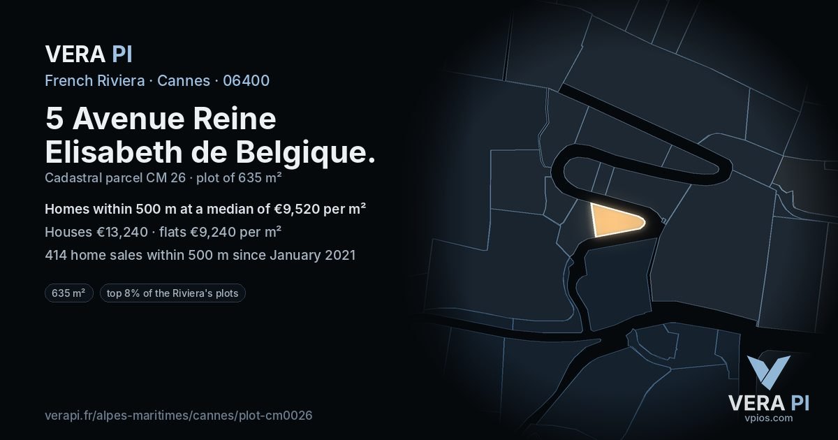 5 Avenue Reine Elisabeth de Belgique, Cannes at night – the plot lit, the parcels around coloured by the prices near them