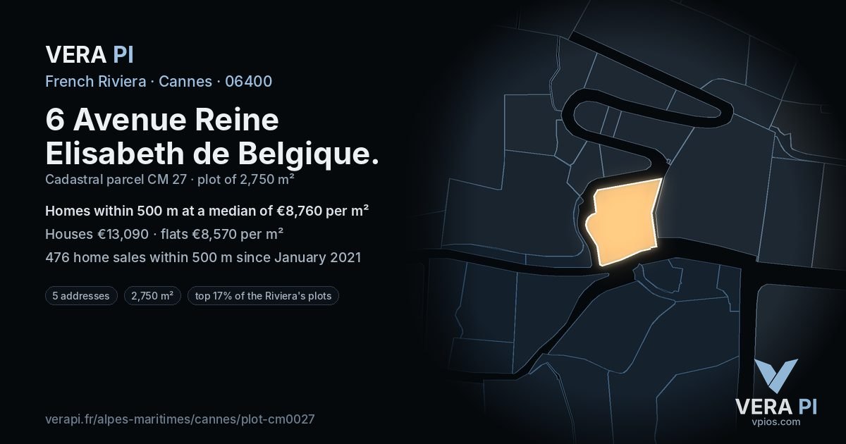 6 Avenue Reine Elisabeth de Belgique, Cannes at night – the plot lit, the parcels around coloured by the prices near them