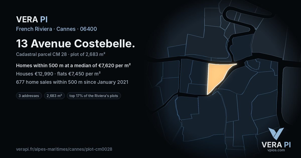13 Avenue Costebelle, Cannes at night – the plot lit, the parcels around coloured by the prices near them