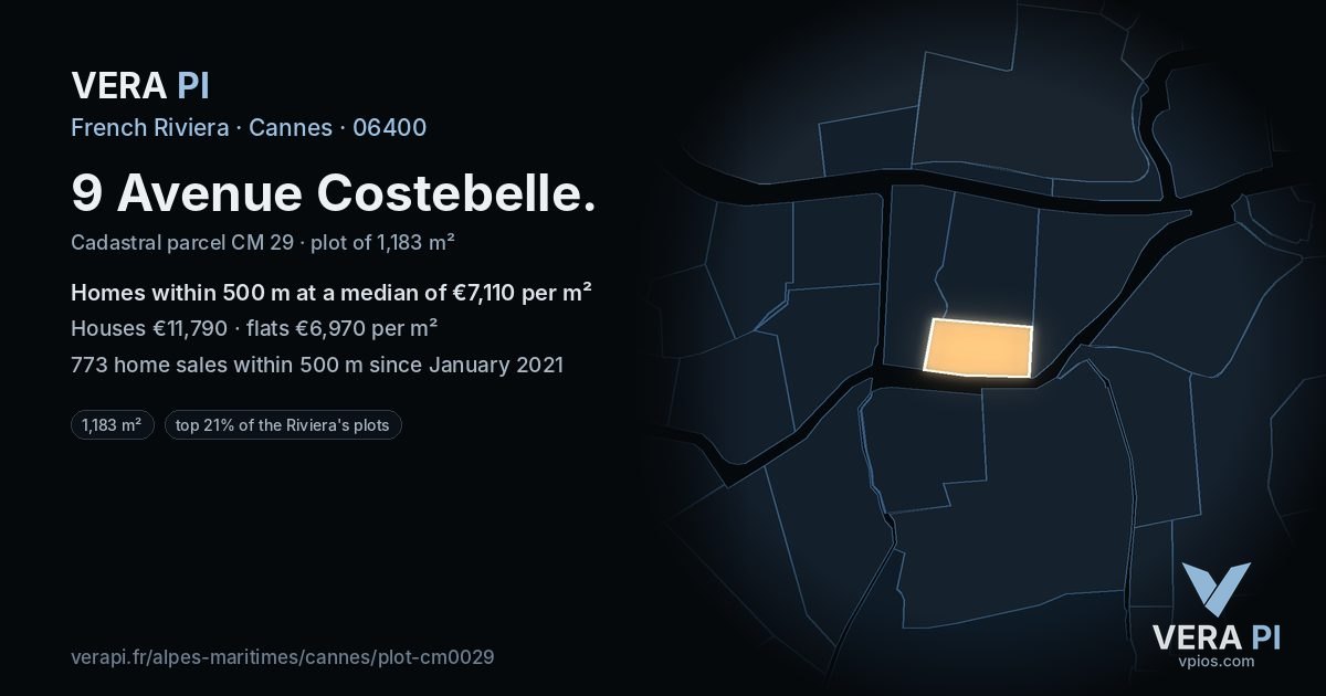 9 Avenue Costebelle, Cannes at night – the plot lit, the parcels around coloured by the prices near them