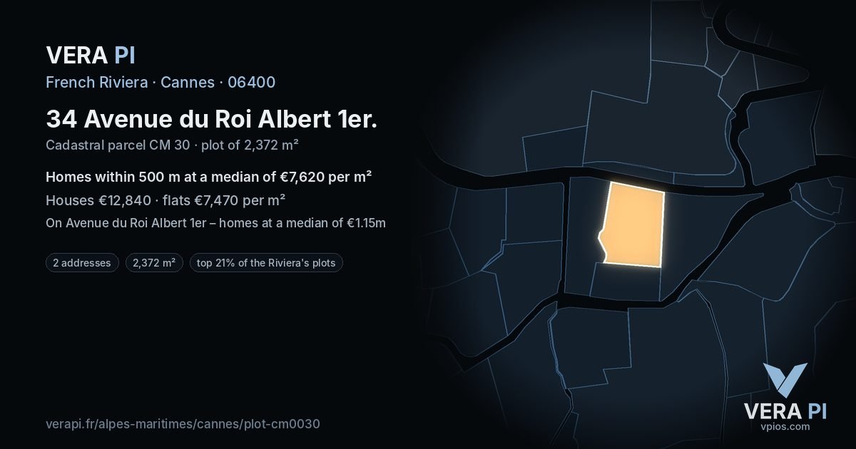 34 Avenue du Roi Albert 1er, Cannes at night – the plot lit, the parcels around coloured by the prices near them