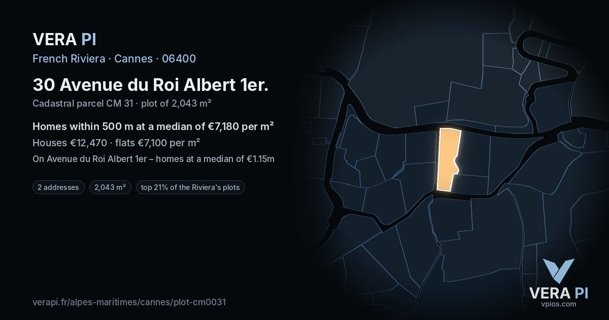 30 Avenue du Roi Albert 1er, Cannes at night – the plot lit, the parcels around coloured by the prices near them