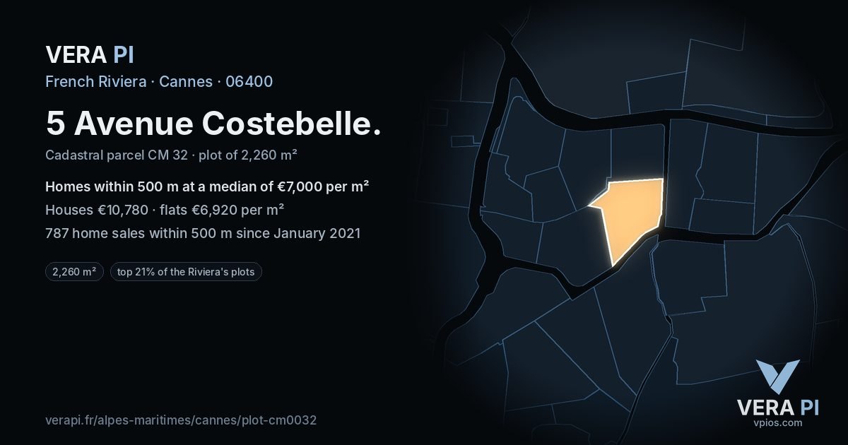 5 Avenue Costebelle, Cannes at night – the plot lit, the parcels around coloured by the prices near them