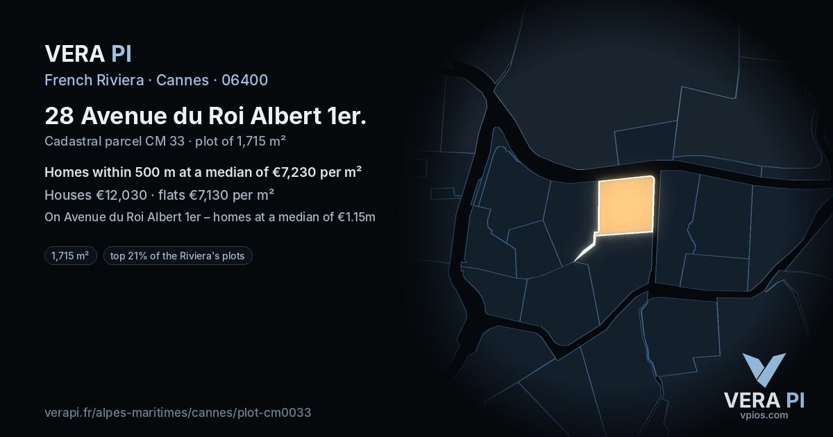 28 Avenue du Roi Albert 1er, Cannes at night – the plot lit, the parcels around coloured by the prices near them