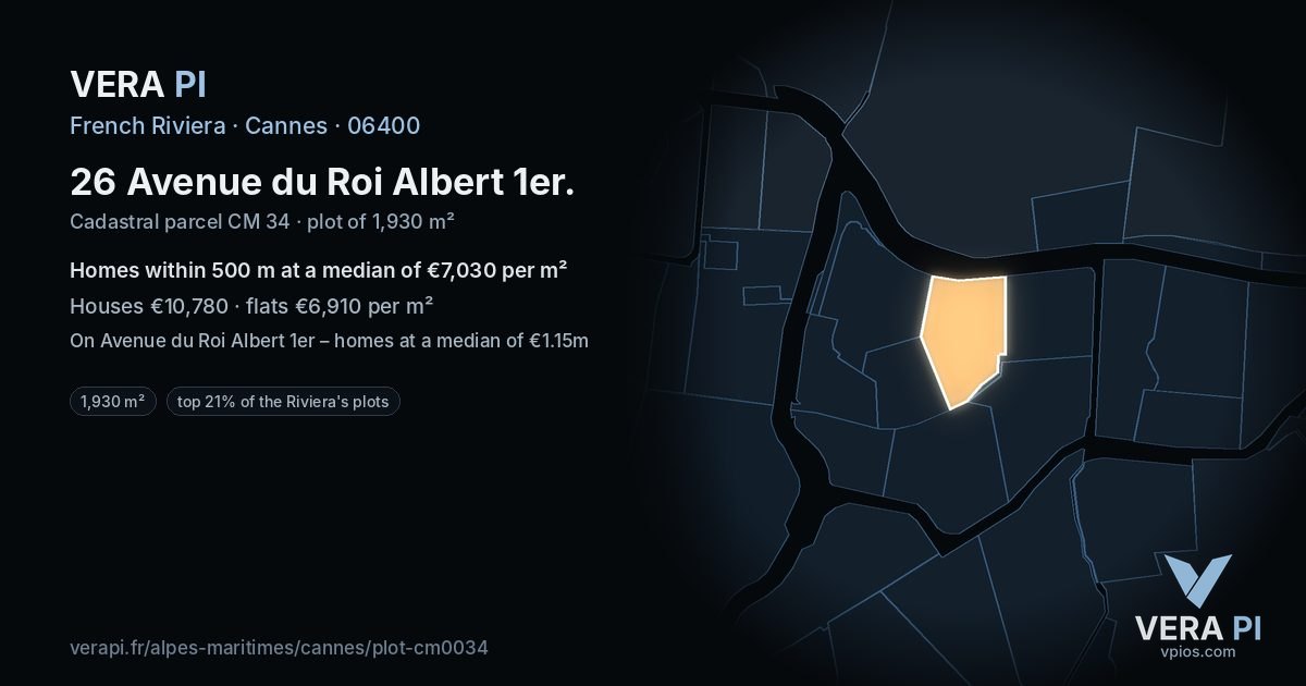 26 Avenue du Roi Albert 1er, Cannes at night – the plot lit, the parcels around coloured by the prices near them