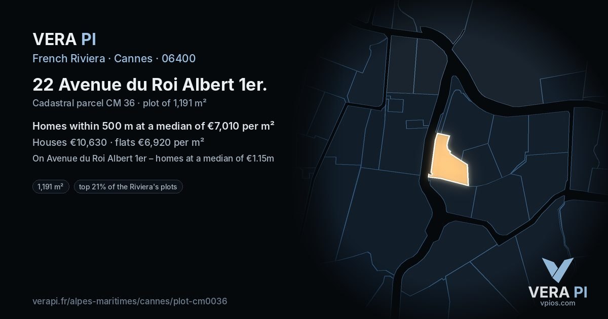 22 Avenue du Roi Albert 1er, Cannes at night – the plot lit, the parcels around coloured by the prices near them