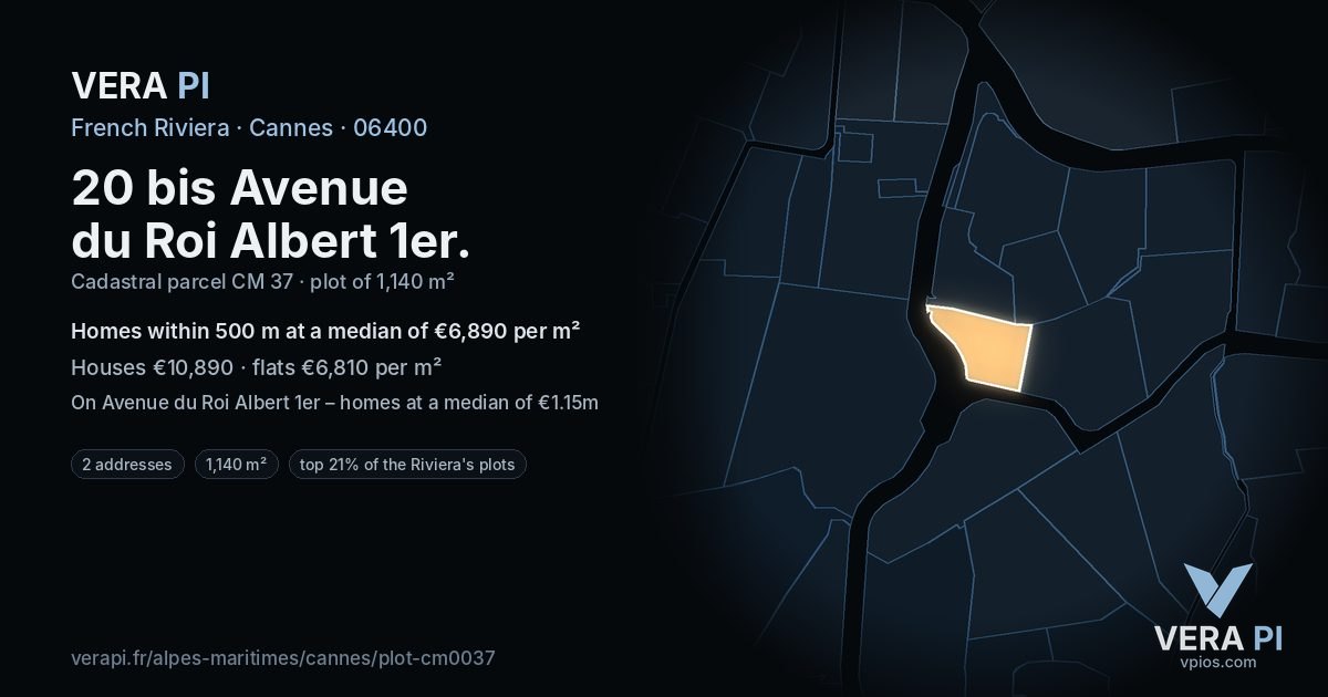 20 bis Avenue du Roi Albert 1er, Cannes at night – the plot lit, the parcels around coloured by the prices near them