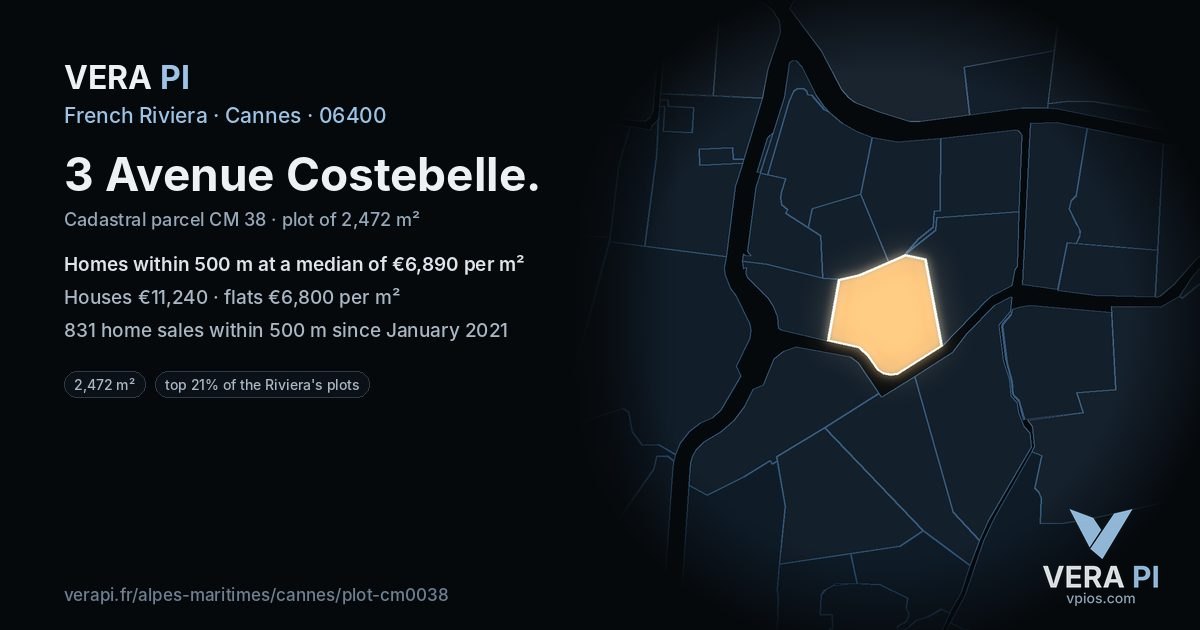3 Avenue Costebelle, Cannes at night – the plot lit, the parcels around coloured by the prices near them