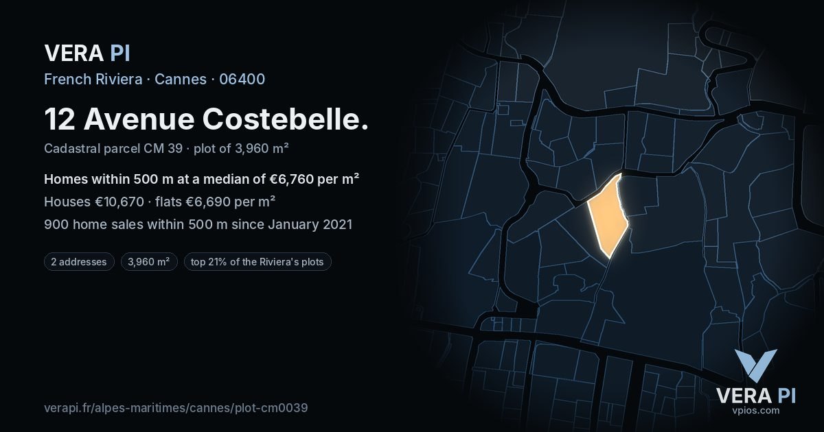 12 Avenue Costebelle, Cannes at night – the plot lit, the parcels around coloured by the prices near them