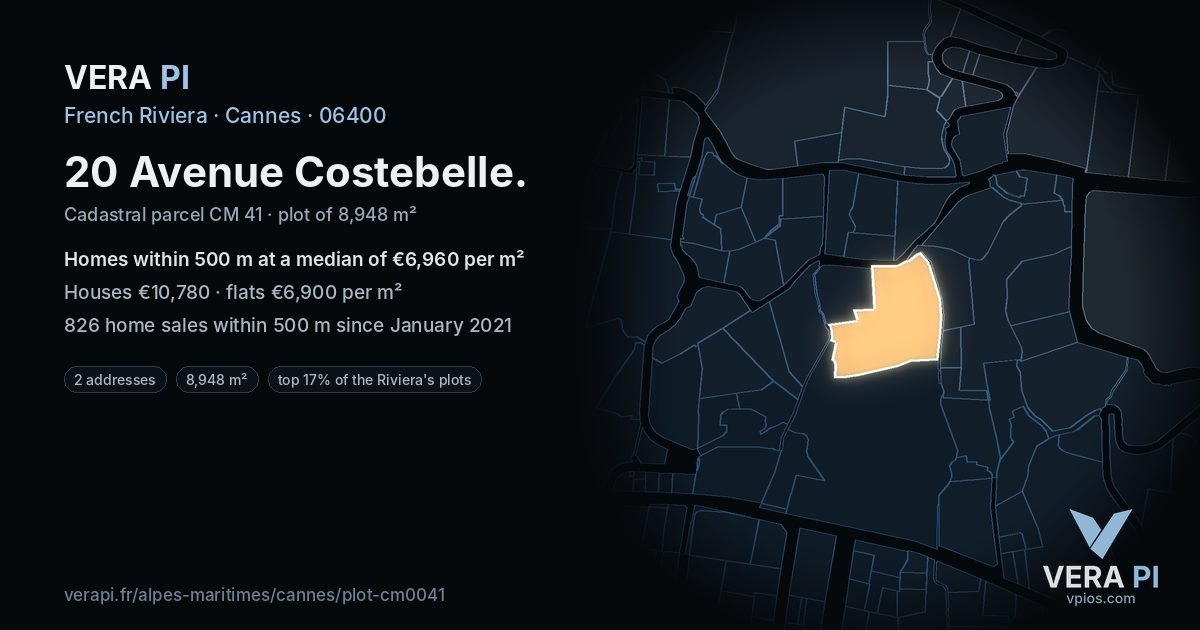 20 Avenue Costebelle, Cannes at night – the plot lit, the parcels around coloured by the prices near them