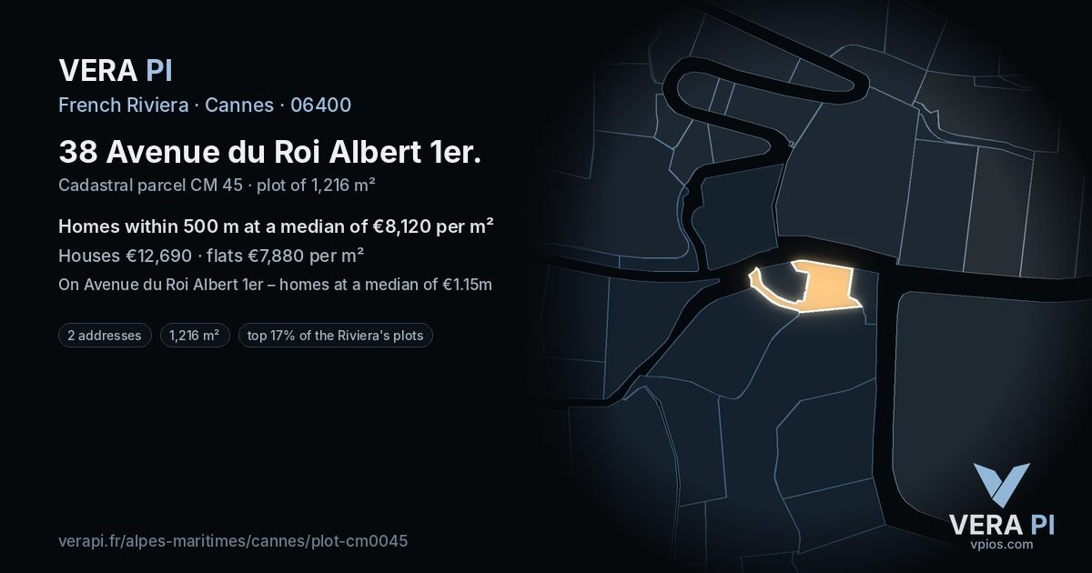 38 Avenue du Roi Albert 1er, Cannes at night – the plot lit, the parcels around coloured by the prices near them