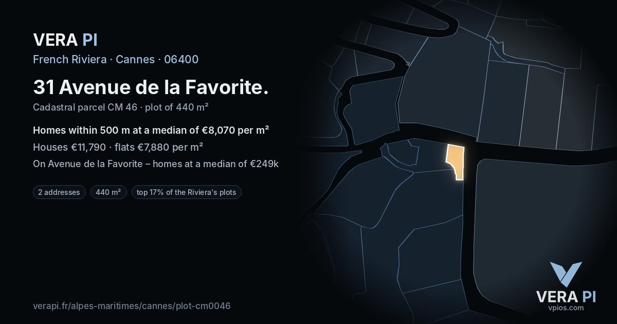 31 Avenue de la Favorite, Cannes at night – the plot lit, the parcels around coloured by the prices near them