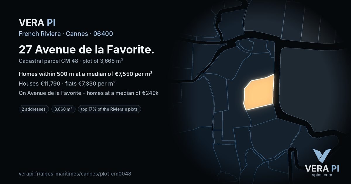 27 Avenue de la Favorite, Cannes at night – the plot lit, the parcels around coloured by the prices near them