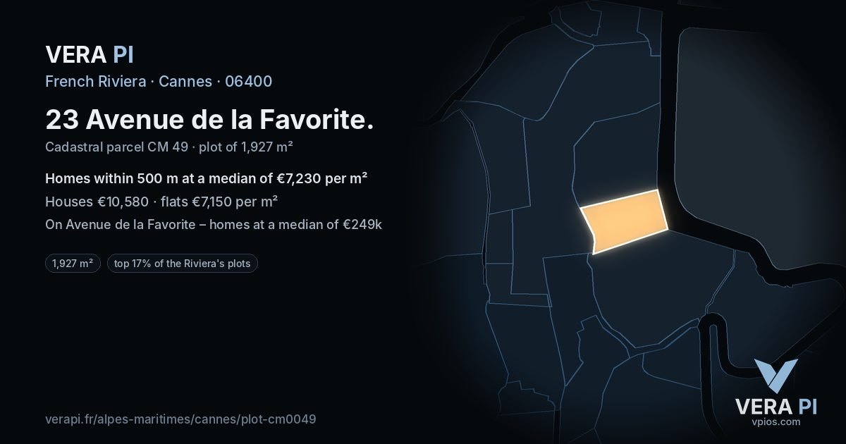 23 Avenue de la Favorite, Cannes at night – the plot lit, the parcels around coloured by the prices near them