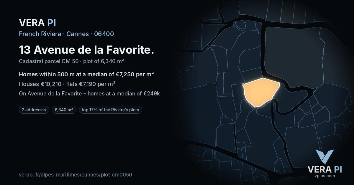 13 Avenue de la Favorite, Cannes at night – the plot lit, the parcels around coloured by the prices near them