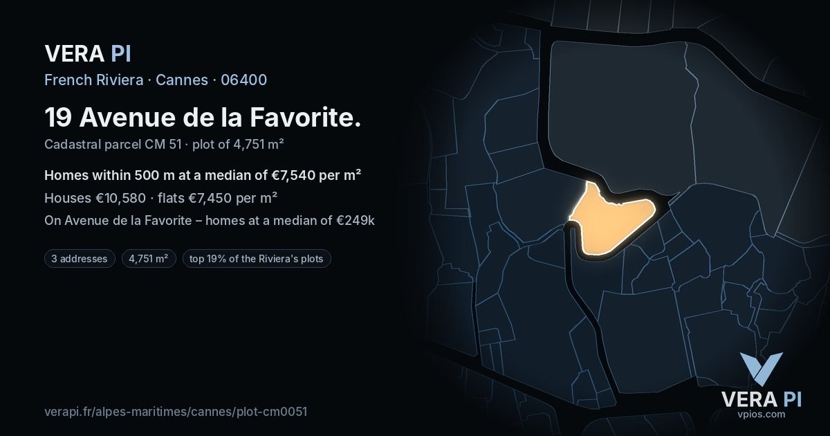 19 Avenue de la Favorite, Cannes at night – the plot lit, the parcels around coloured by the prices near them