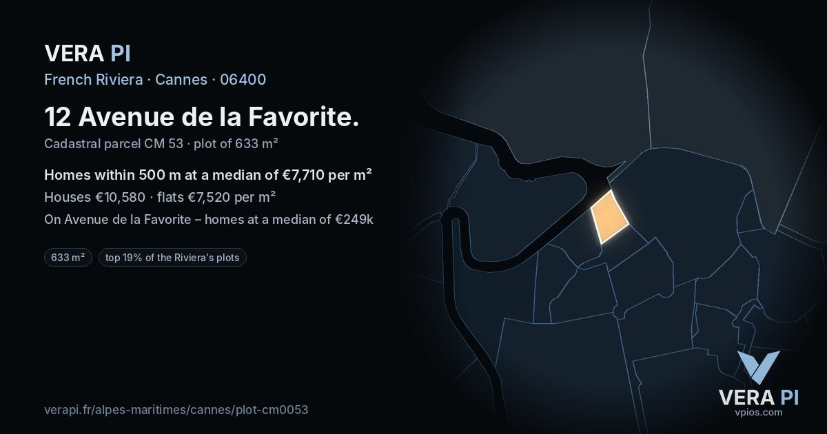 12 Avenue de la Favorite, Cannes at night – the plot lit, the parcels around coloured by the prices near them