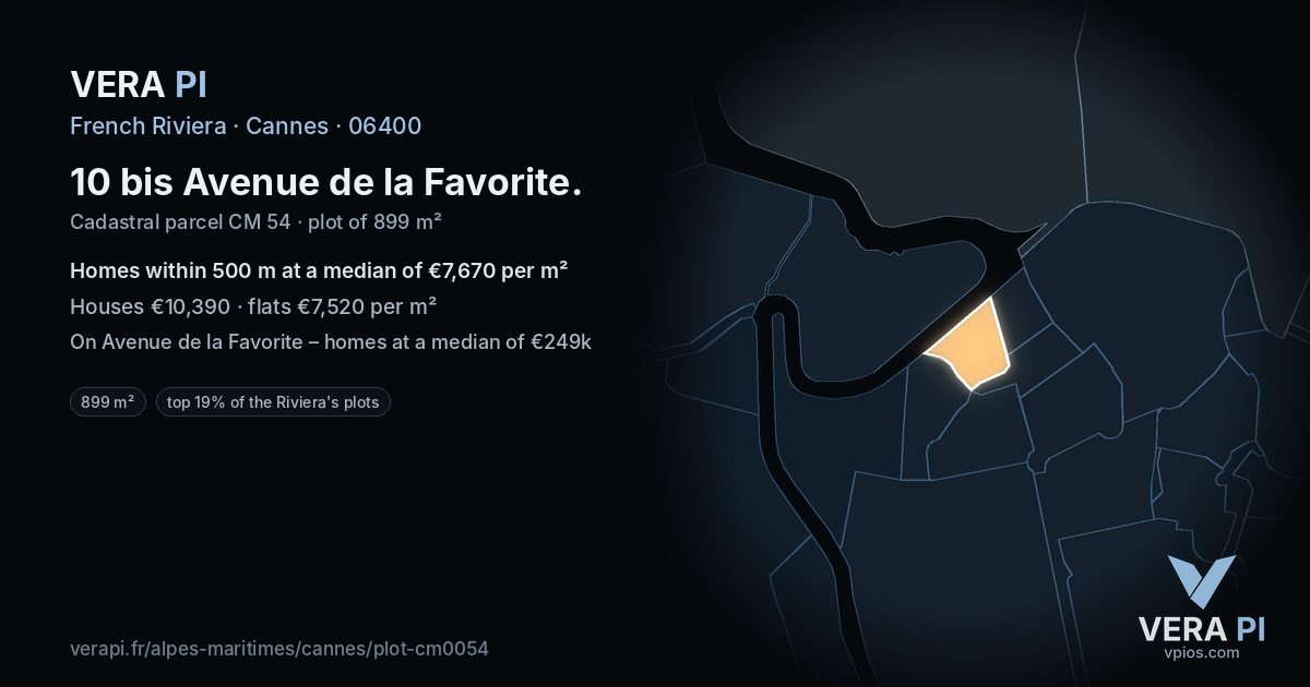 10 bis Avenue de la Favorite, Cannes at night – the plot lit, the parcels around coloured by the prices near them