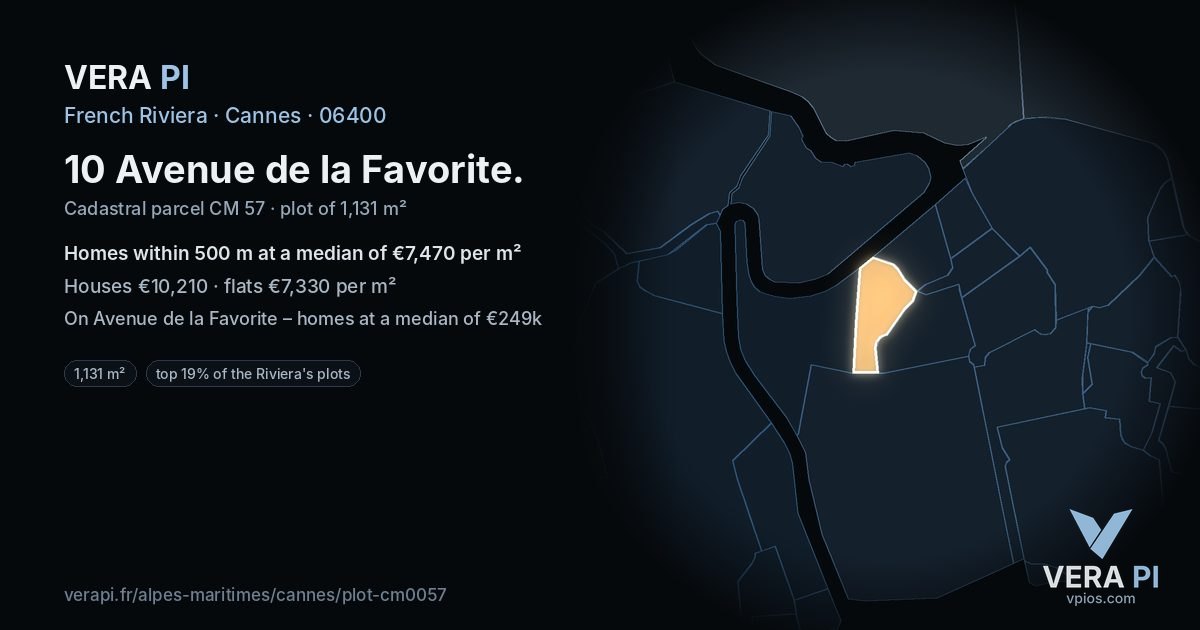 10 Avenue de la Favorite, Cannes at night – the plot lit, the parcels around coloured by the prices near them