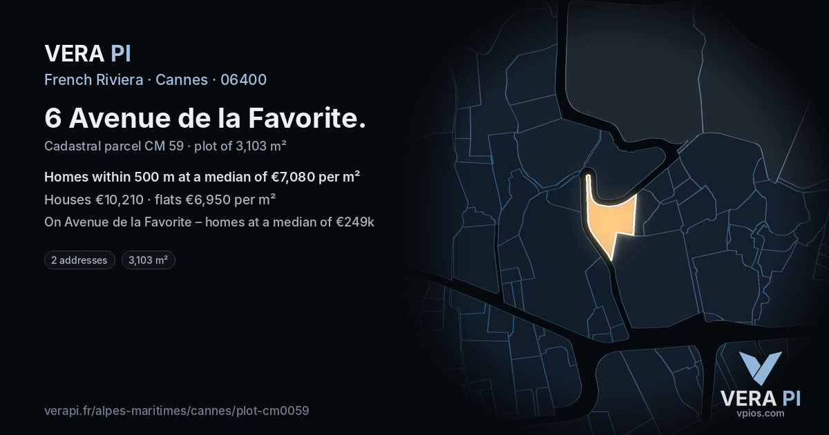 6 Avenue de la Favorite, Cannes at night – the plot lit, the parcels around coloured by the prices near them