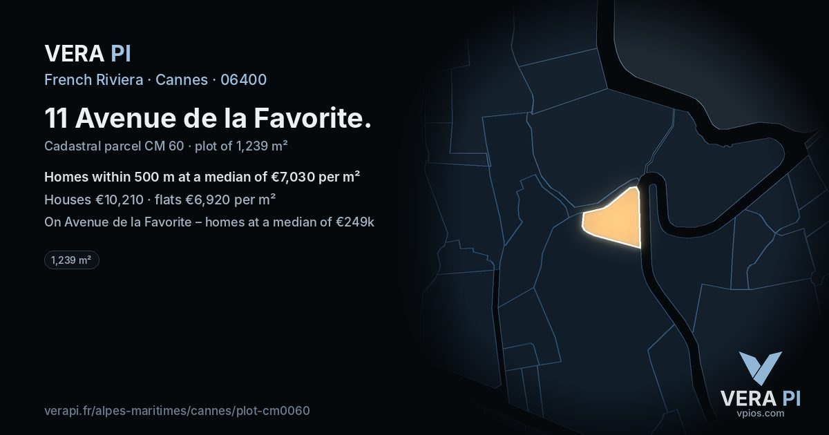 11 Avenue de la Favorite, Cannes at night – the plot lit, the parcels around coloured by the prices near them