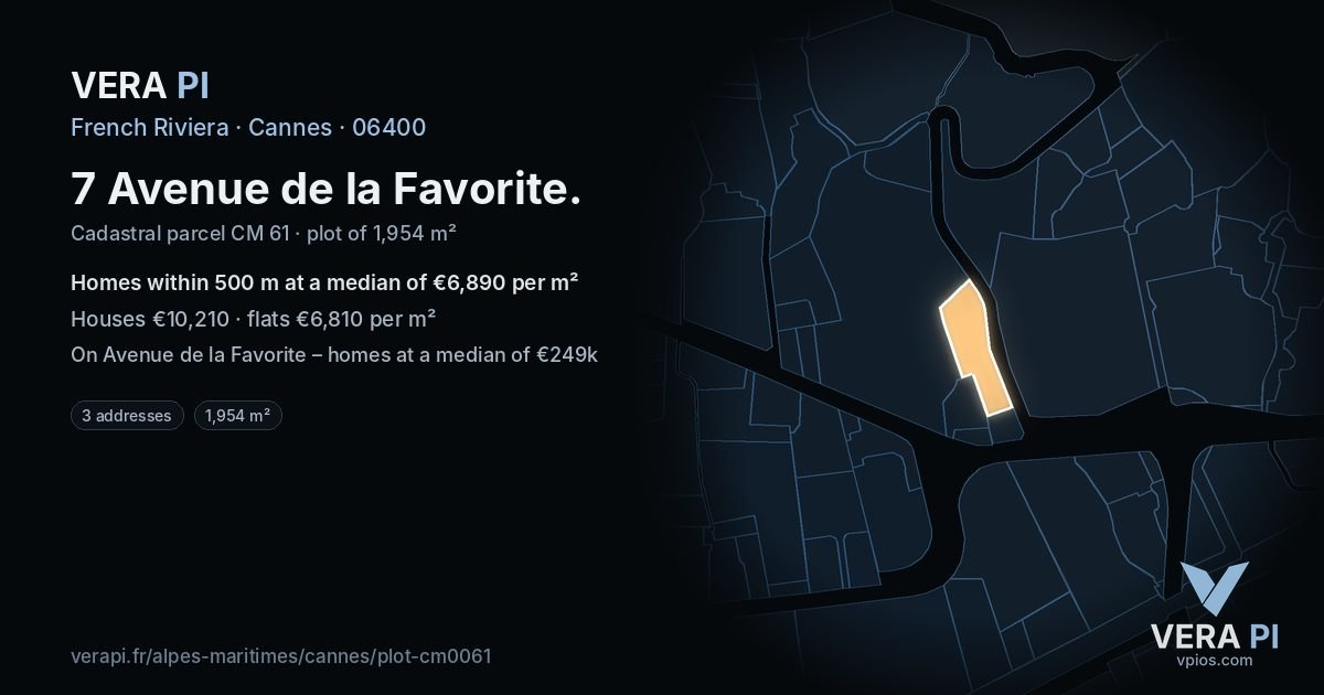 7 Avenue de la Favorite, Cannes at night – the plot lit, the parcels around coloured by the prices near them