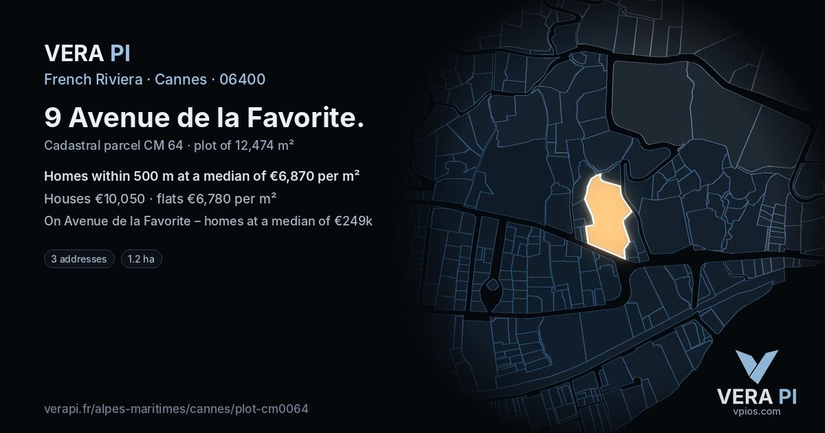 9 Avenue de la Favorite, Cannes at night – the plot lit, the parcels around coloured by the prices near them
