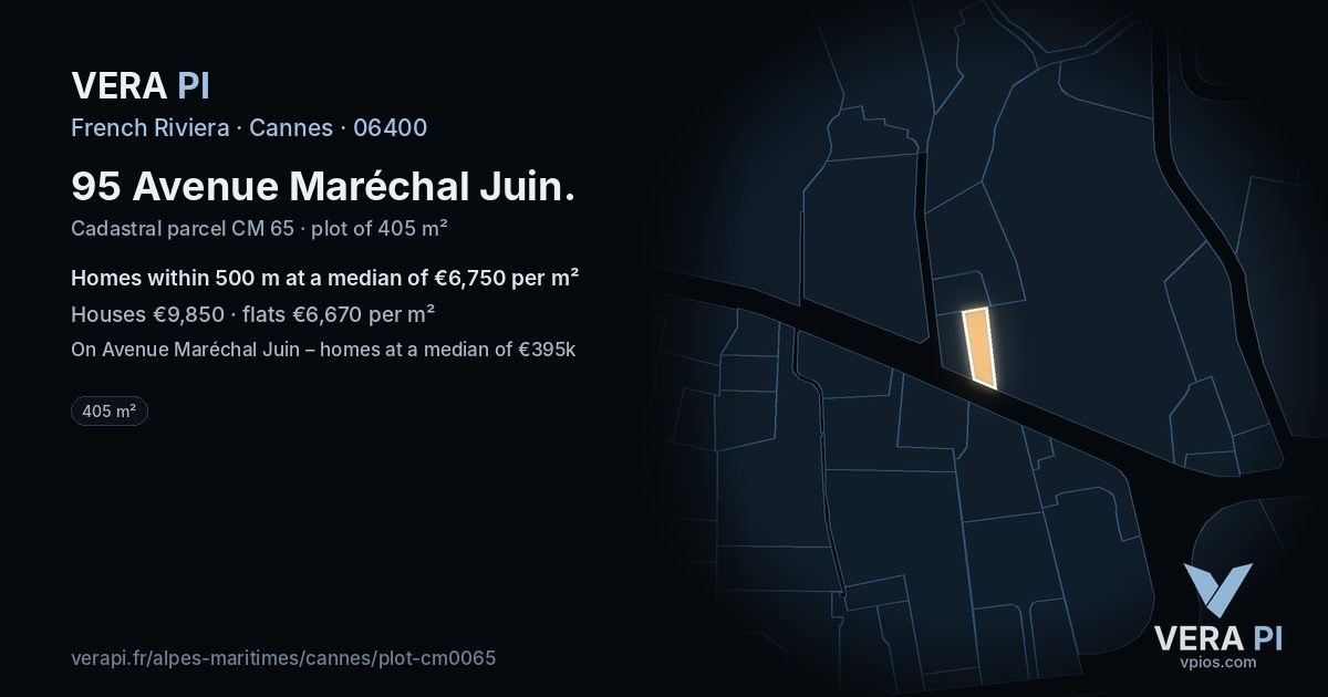 95 Avenue Maréchal Juin, Cannes at night – the plot lit, the parcels around coloured by the prices near them