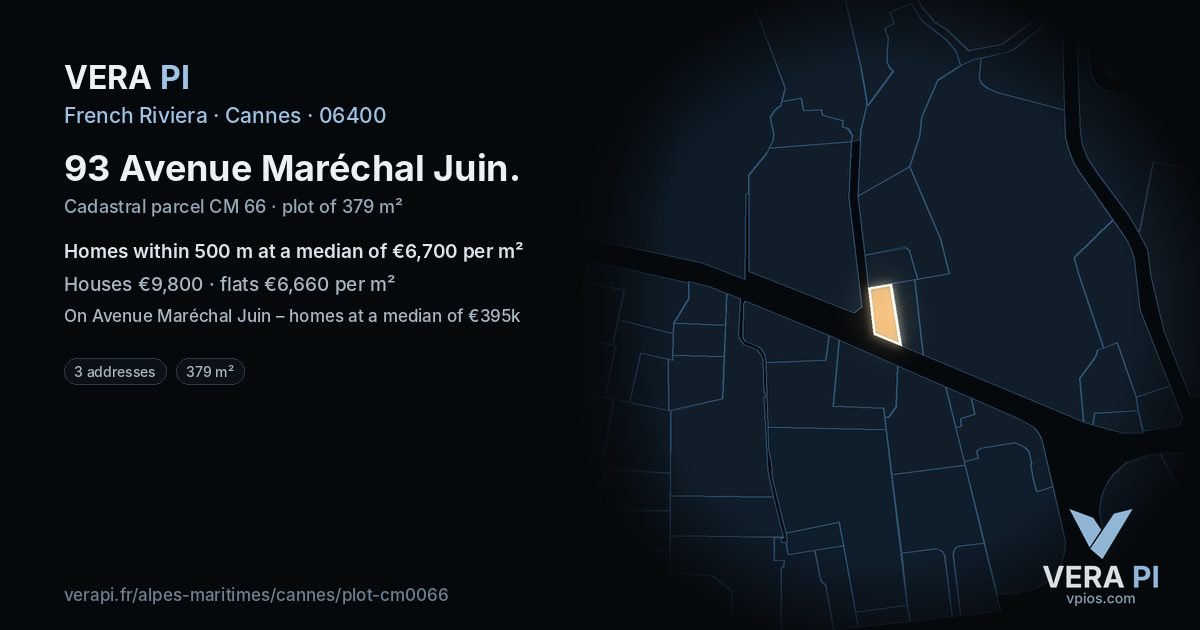 93 Avenue Maréchal Juin, Cannes at night – the plot lit, the parcels around coloured by the prices near them