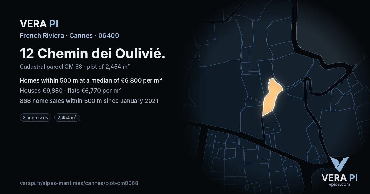 12 Chemin dei Oulivié, Cannes at night – the plot lit, the parcels around coloured by the prices near them