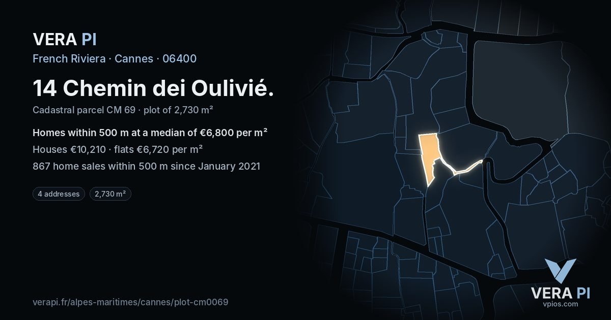 14 Chemin dei Oulivié, Cannes at night – the plot lit, the parcels around coloured by the prices near them