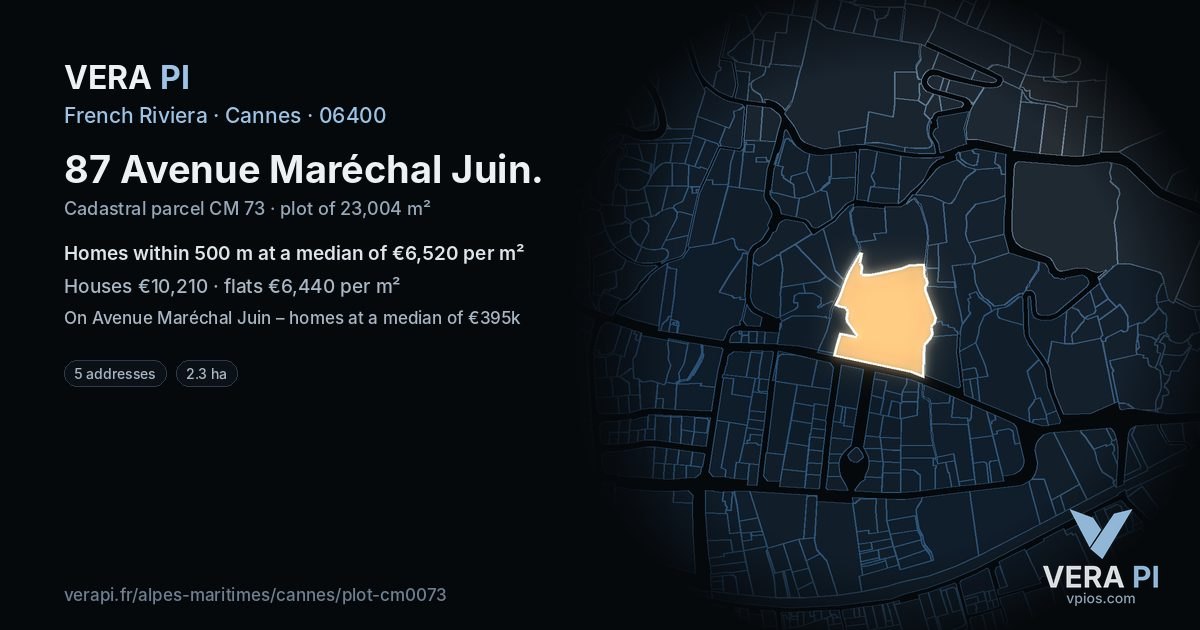87 Avenue Maréchal Juin, Cannes at night – the plot lit, the parcels around coloured by the prices near them