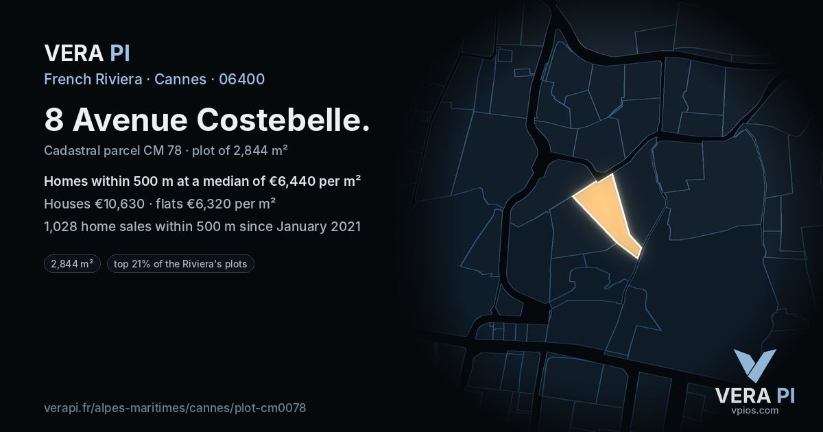 8 Avenue Costebelle, Cannes at night – the plot lit, the parcels around coloured by the prices near them