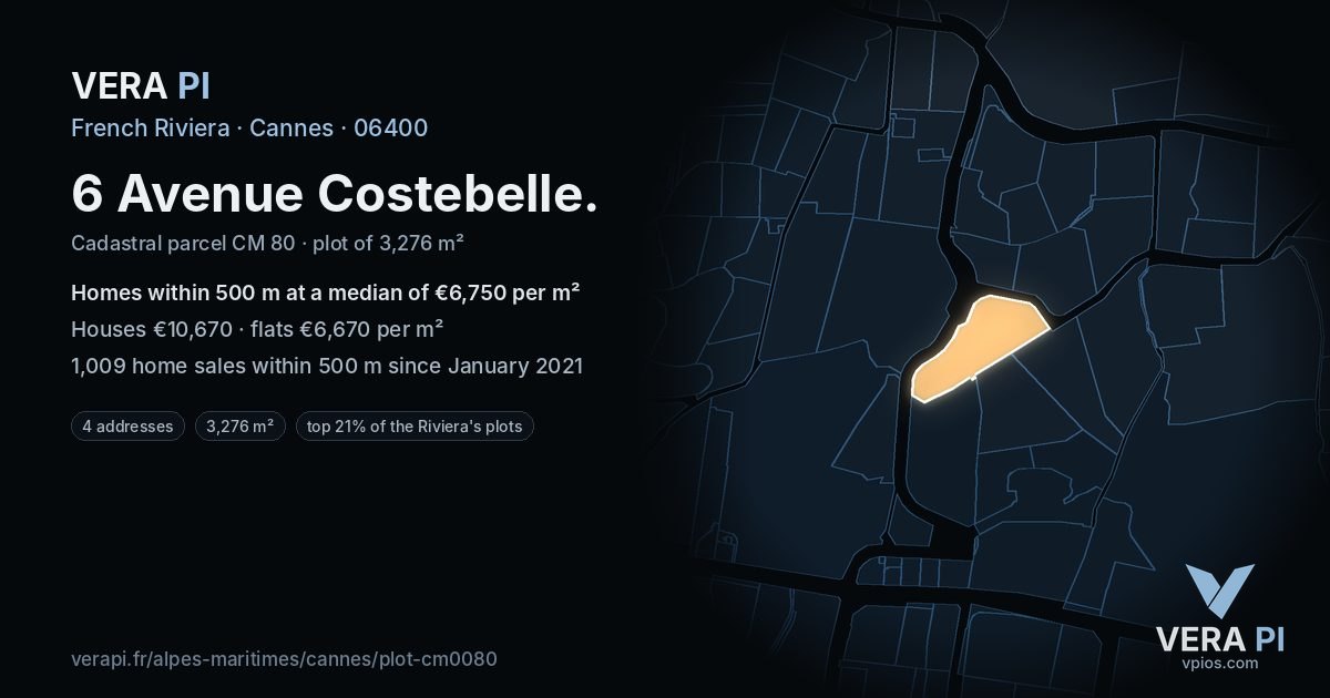 6 Avenue Costebelle, Cannes at night – the plot lit, the parcels around coloured by the prices near them