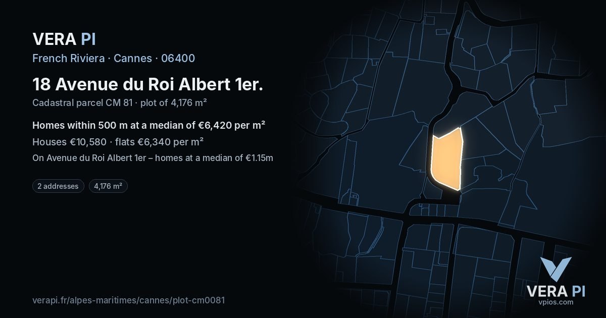 18 Avenue du Roi Albert 1er, Cannes at night – the plot lit, the parcels around coloured by the prices near them