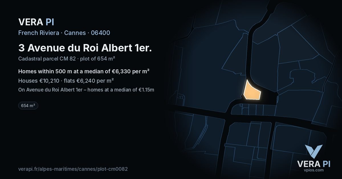 3 Avenue du Roi Albert 1er, Cannes at night – the plot lit, the parcels around coloured by the prices near them