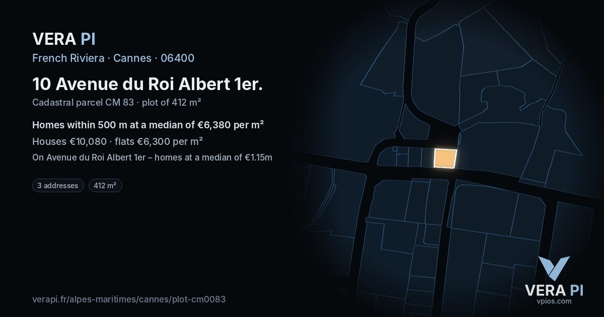 10 Avenue du Roi Albert 1er, Cannes at night – the plot lit, the parcels around coloured by the prices near them
